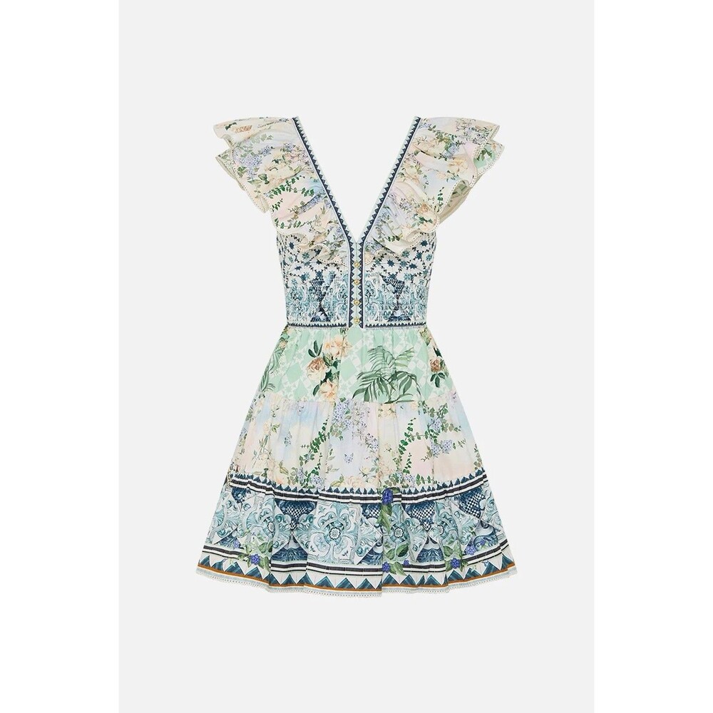 Camilla Tiered Short Dress With Neck Frill Jardim Party Size Large New $695